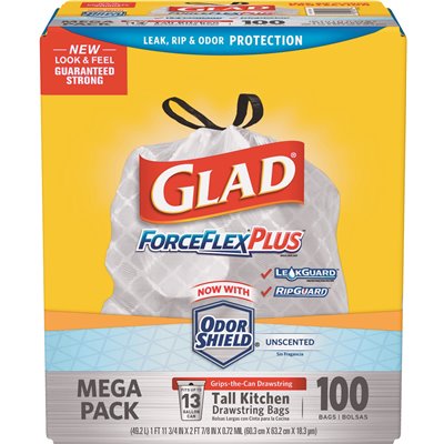13 GAL. GLAD FORCE FLEX PLUS  DRAWSTRING TRASH BAGS 100/CS